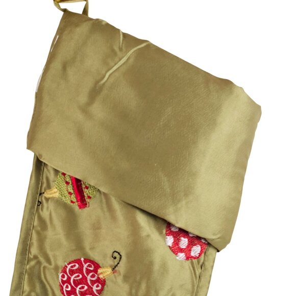 Embroidered Christmas Stocking Green Satin Ornament Design 20 in Vintage - Picture 4 of 10